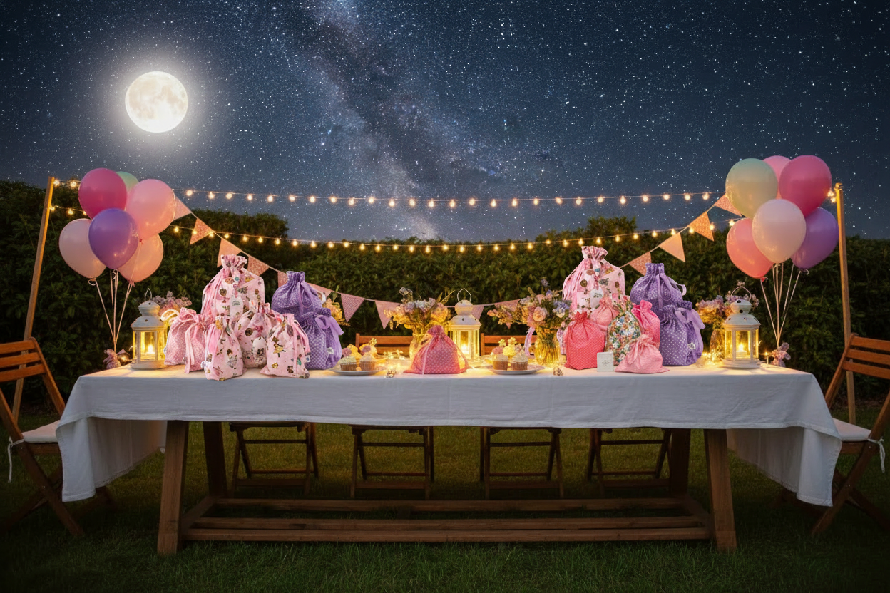 Party table with ballerina and polka dot gift bags under starry night