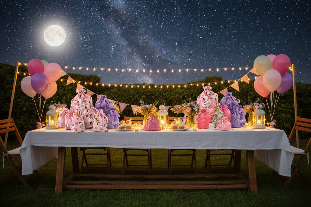 Party table with ballerina and polka dot gift bags under starry night